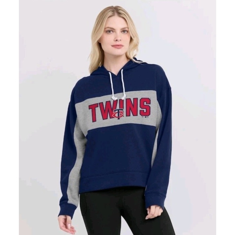 Women Minnesota Twins Baseball Navy Stripe Logo Pullover Hoodie Sweatshirt LARGE